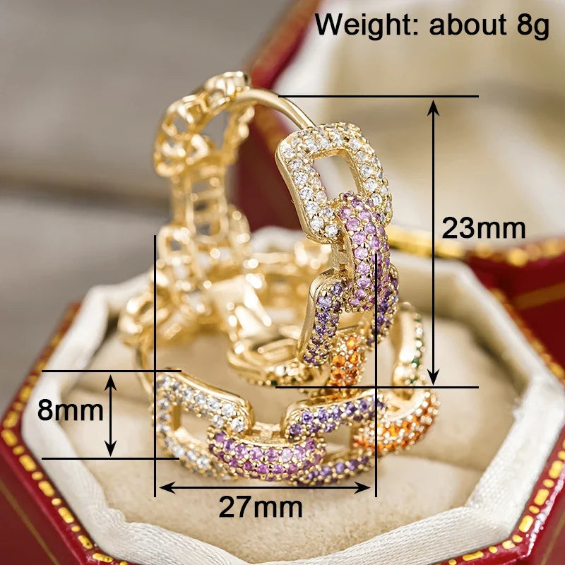 Huitan CZ Hoop Earrings – Gold Chain Linked Circle for Women