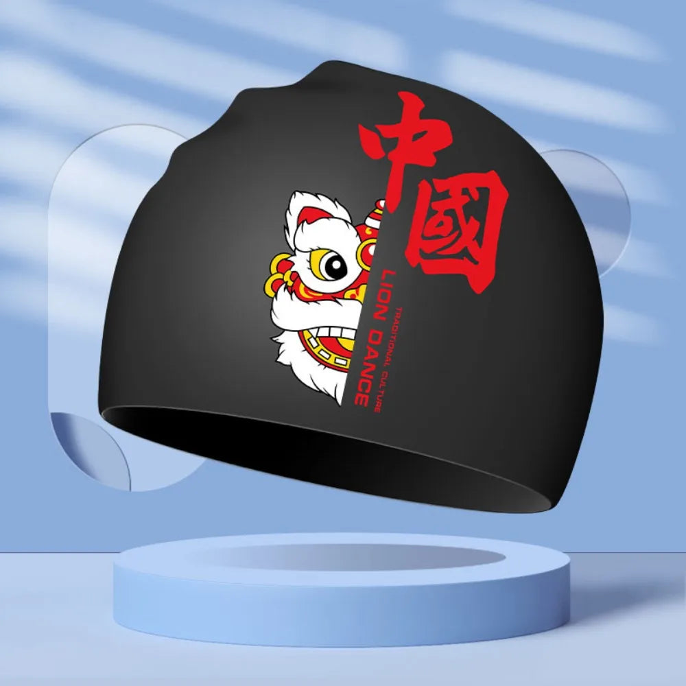 Lion Dance Waterproof Silicone Swimming Cap – Adult Long Hair
