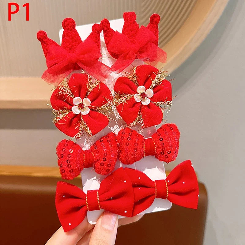 8-Piece Girls Red Bow Hair Clips – Handmade Ribbon Barrettes