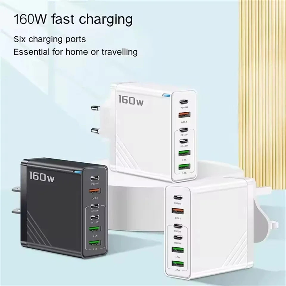 160W 6-Port USB-C PD & QC3.0 Fast Wall Charger | EU US UK