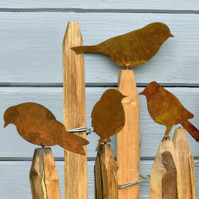 4-Piece Rusty Metal Bird Silhouette Ornaments | Garden Fence Decor