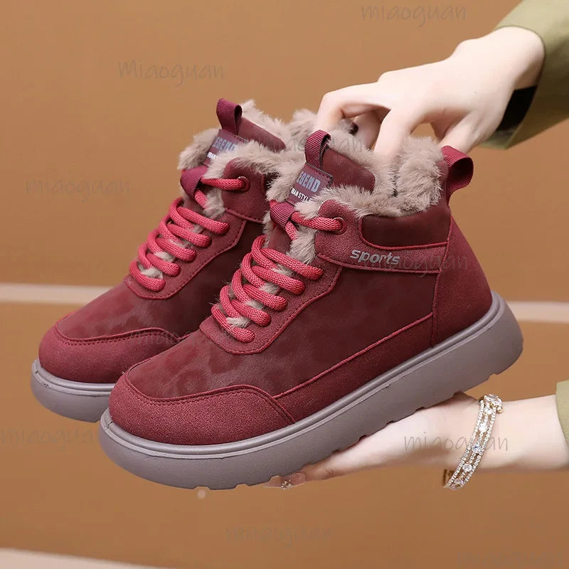Women's Winter Plush Ankle Boots – Lace-Up Flat Cotton Shoes
