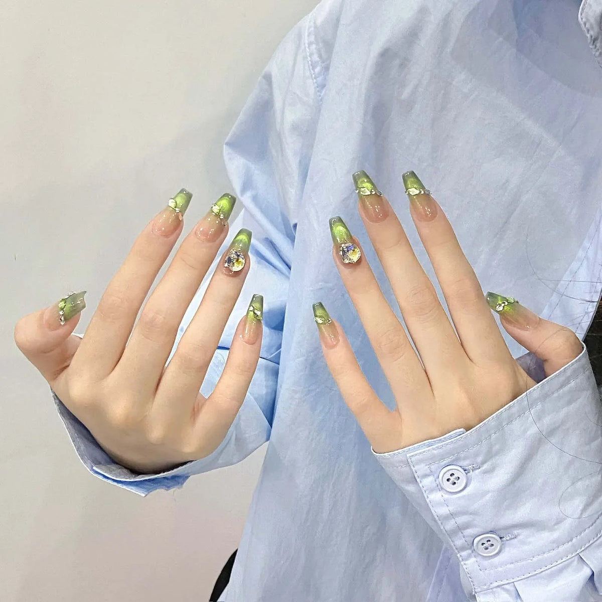 French Green Cat Eye Press On Nails – Long Ballet Coffin