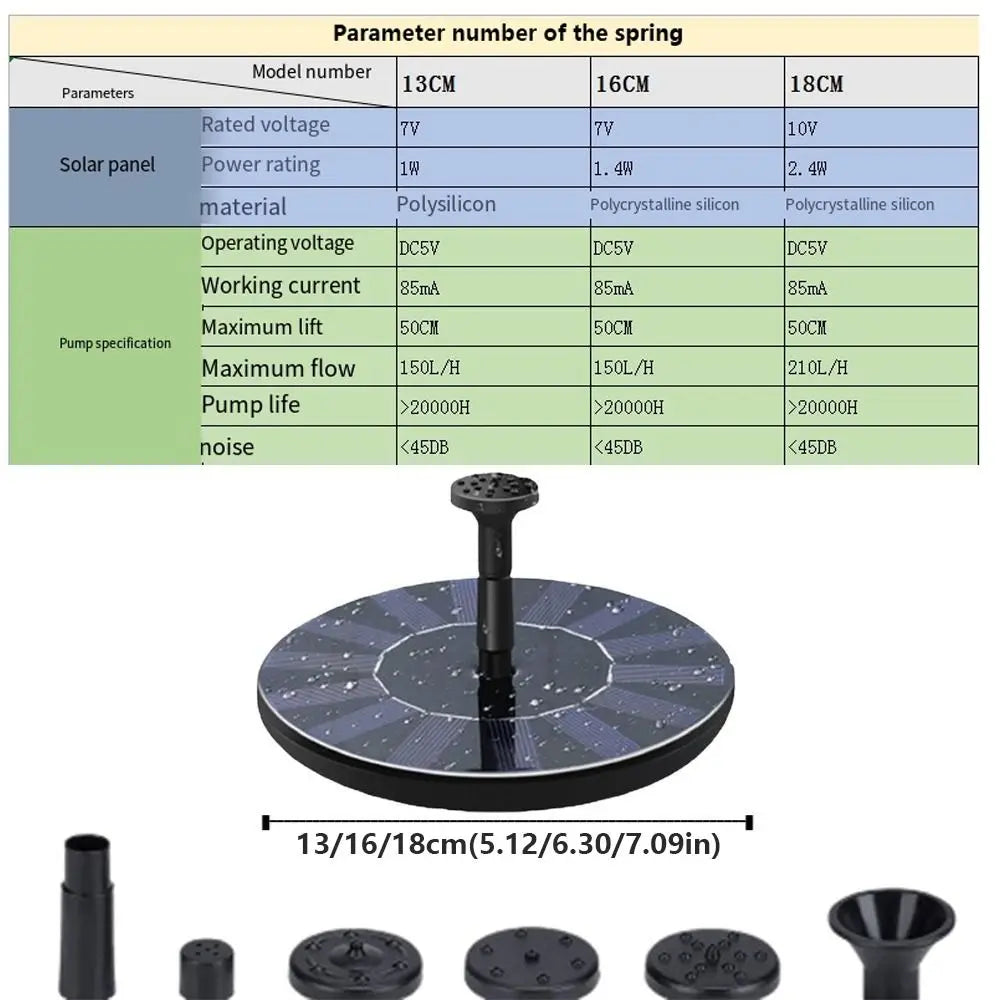 Solar Floating Fountain Pump 13/16/18cm – 6 Nozzles Included