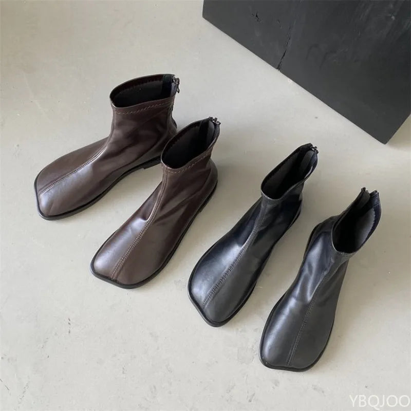 Women's Low Heel Square Toe Ankle Boots with Zipper | Fall Winter