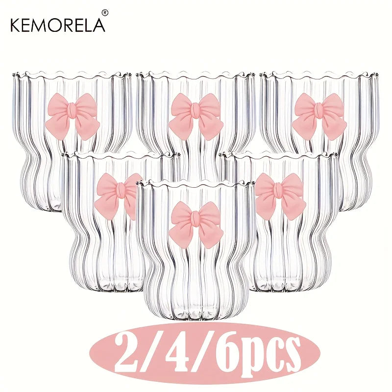 KEMORELA Bow Vintage Ripple Glass Cups 350ml – Set of 2/4/6