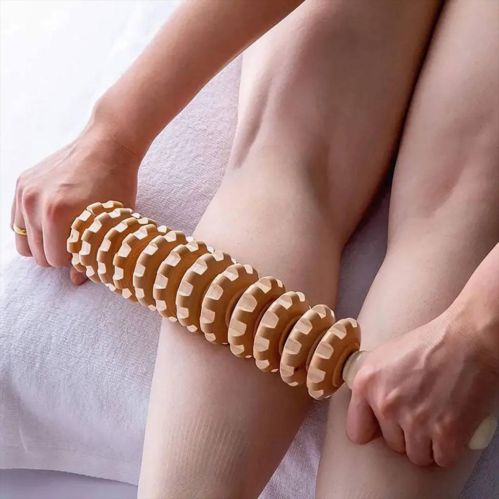 Body Fascia Massager Anti-slip Handle Wood Grooved Gear Arms Legs
