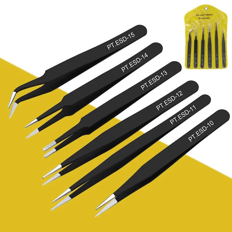 6-Piece Anti-Static Stainless Steel Eyelash Extension Tweezers