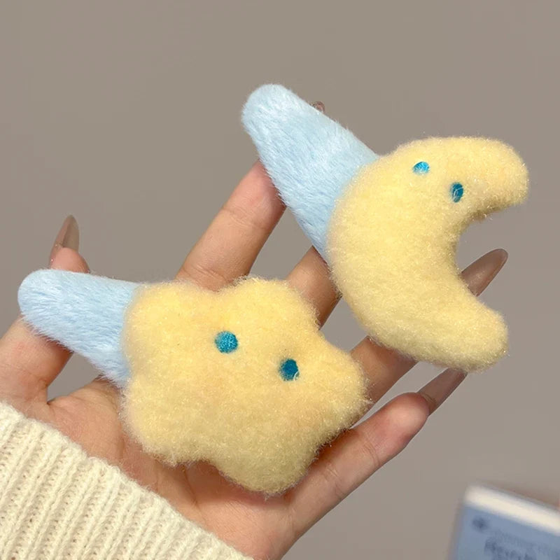 Cute Autumn Winter Plush Moon Star Hair Clip Womens Side Bangs