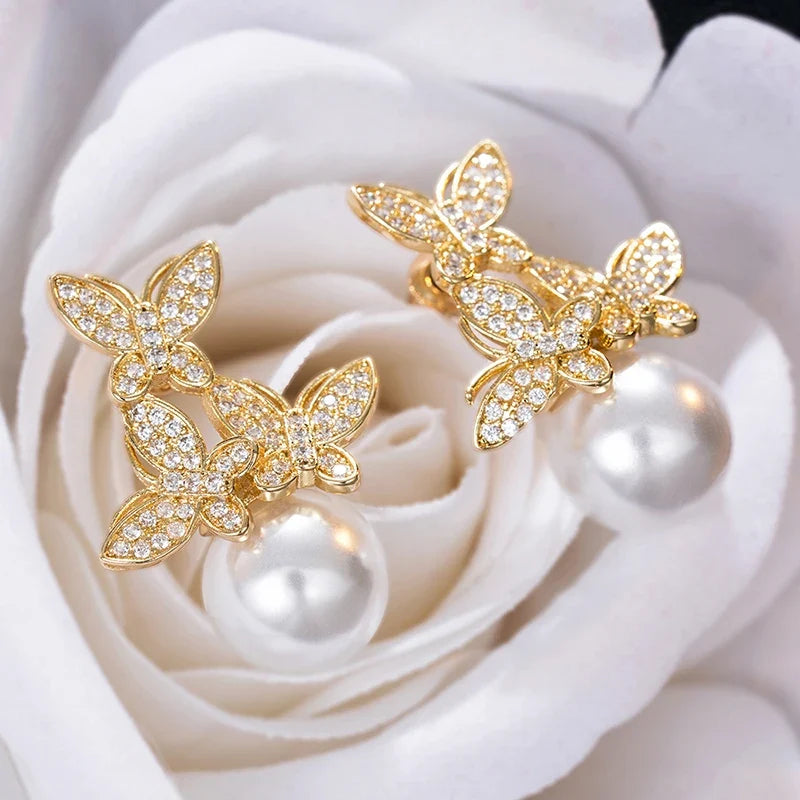 Huitan Butterfly Drop Earrings – CZ & Pearl Wedding Jewelry