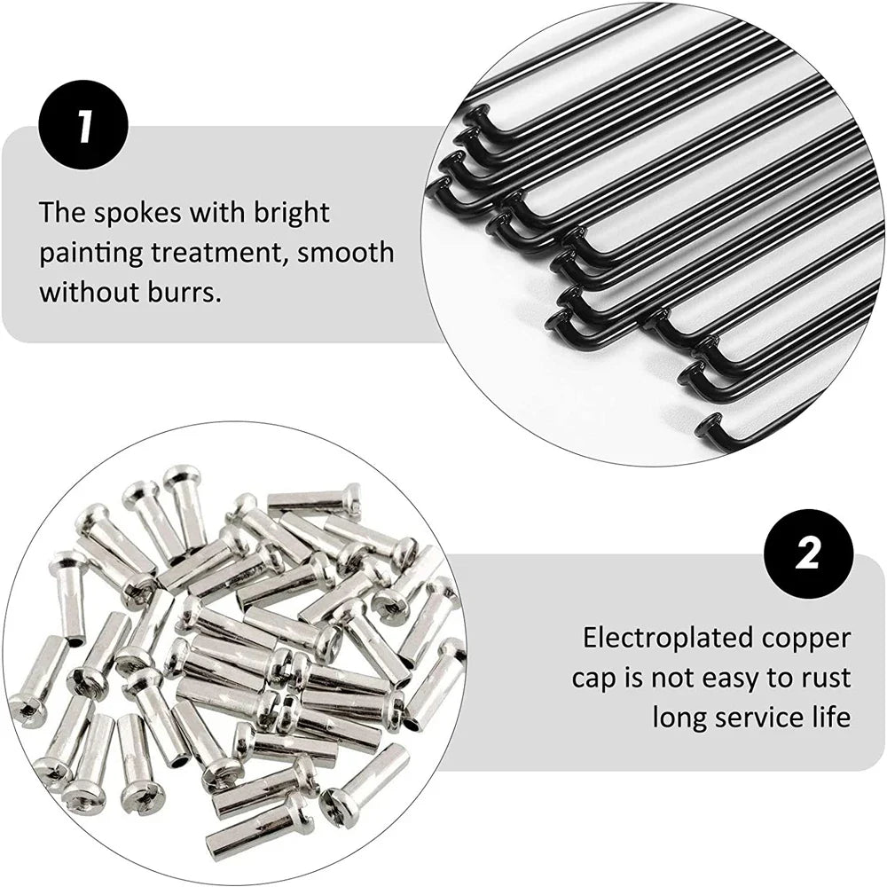 Black Stainless Steel Bike Spokes & Nipples – 36 Set, 170–290mm