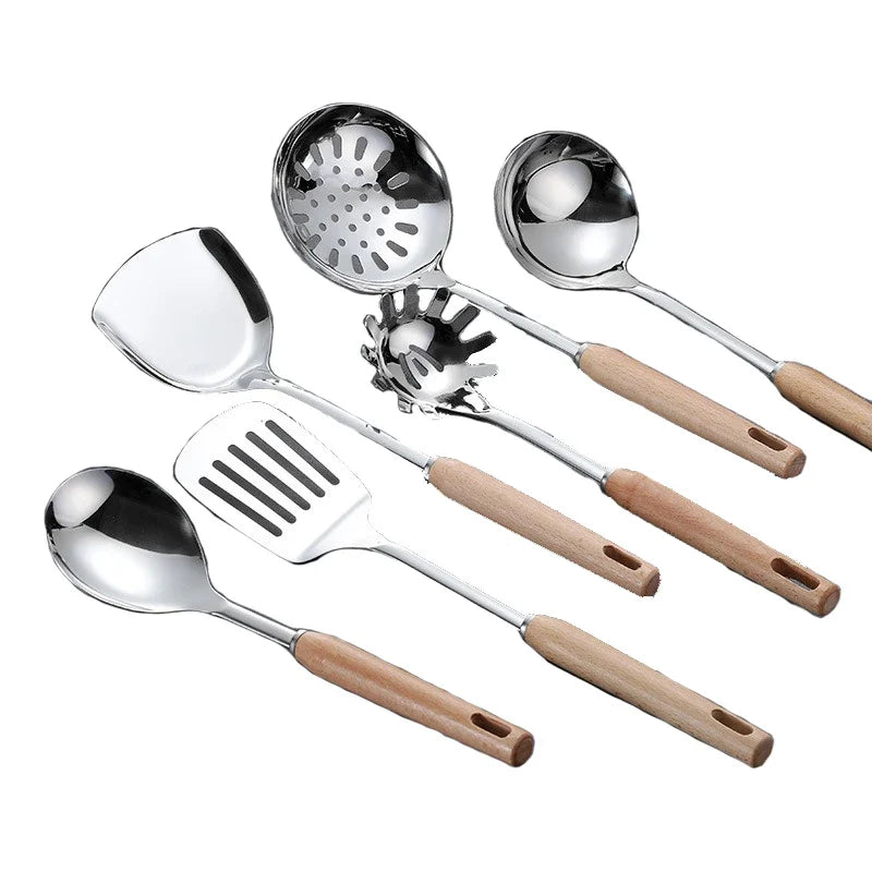 6-Piece Wooden Handle Stainless Steel Kitchen Utensil Set