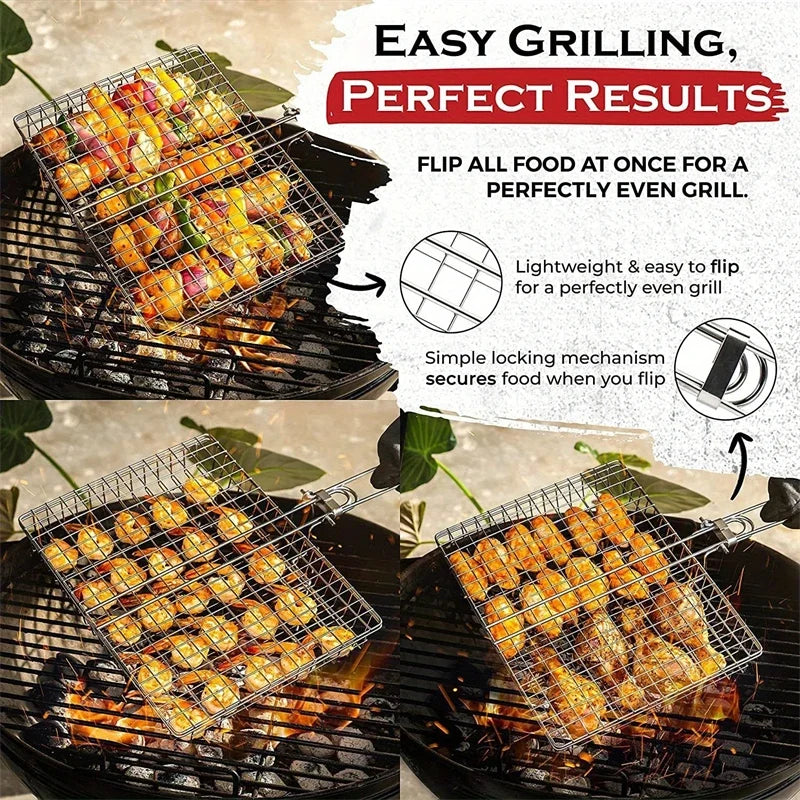 Folding Stainless Steel BBQ Grill Basket – Lockable, Large Grilling Surface, Includes Basting Brush & Storage Bag