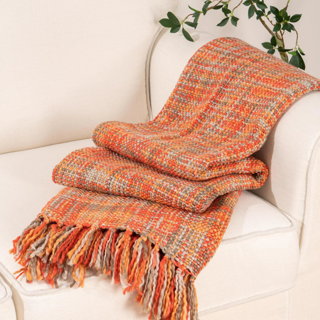 Battilo Orange Boho Cable Knit Throw Blanket with Tassels