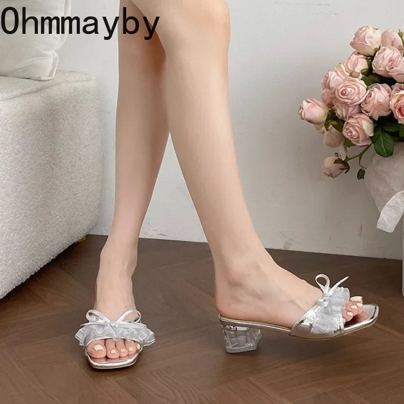 Crystal Heel Women's Mule Slippers – Butterfly-Knot Square Toe