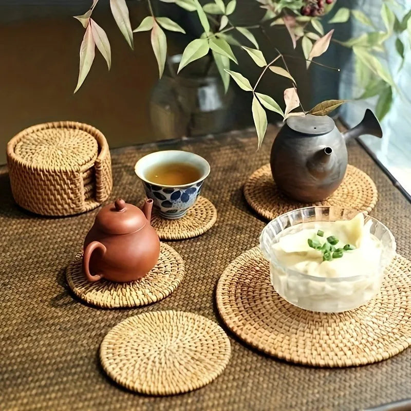 1 Handcrafted Rattan Coaster Autumn Vine Design Heat-resistant Pot