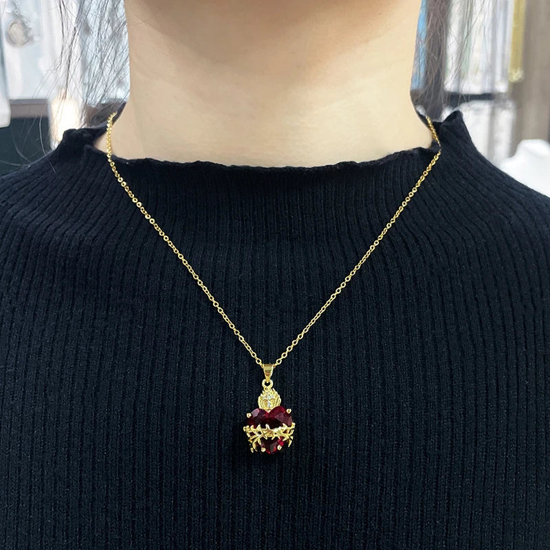 Jesus Cross Choker Necklace – Red Zircon Heart Pendant Women