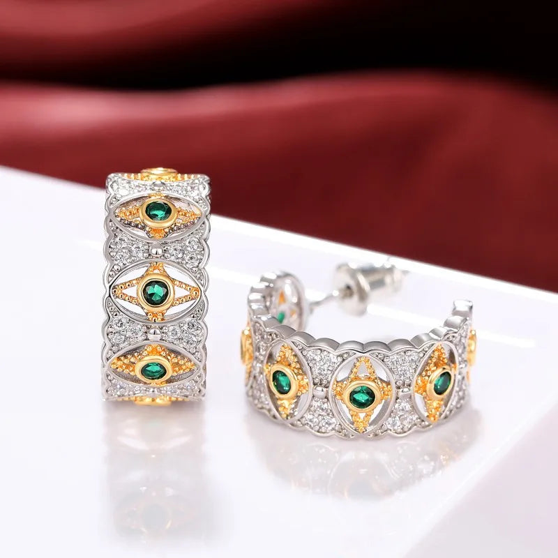 Huitan Two-Tone Hoop Earrings – Green & White Cubic Zirconia
