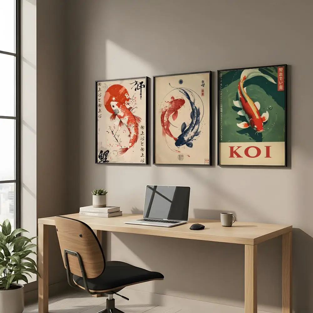 Japanese Koi Fish Flowers HD Art Poster – Self-Adhesive Wall Decor