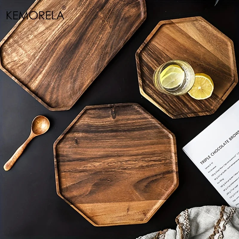 KEMORELA Acacia Wood Serving Tray – Octagonal Dinner & Dessert Plate