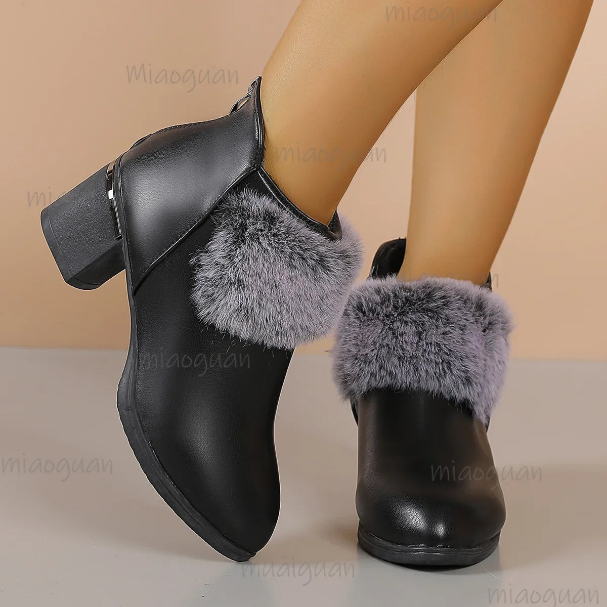 Women's Fur-Lined Chunky Heel Ankle Boots | Winter PU Leather