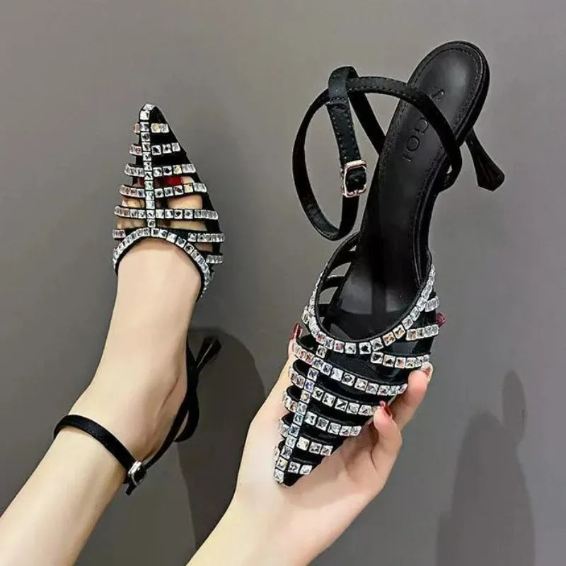 Women's Rhinestone Stiletto Sandals – French Cut-Out High Heels