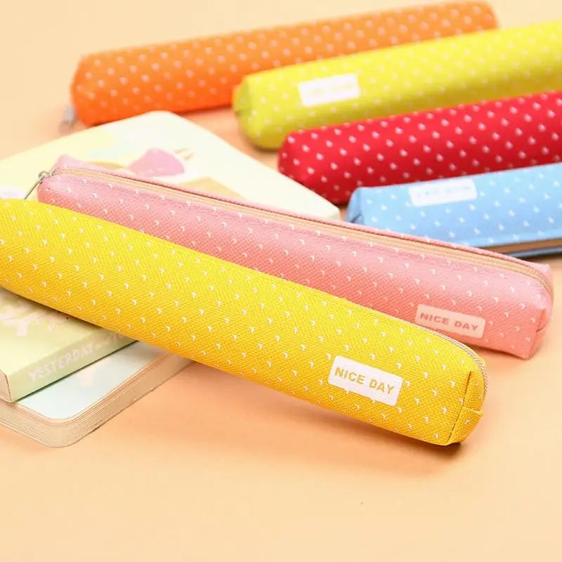 Kawaii Canvas Zipper Pencil Case – Cute Dot Stationery Bag