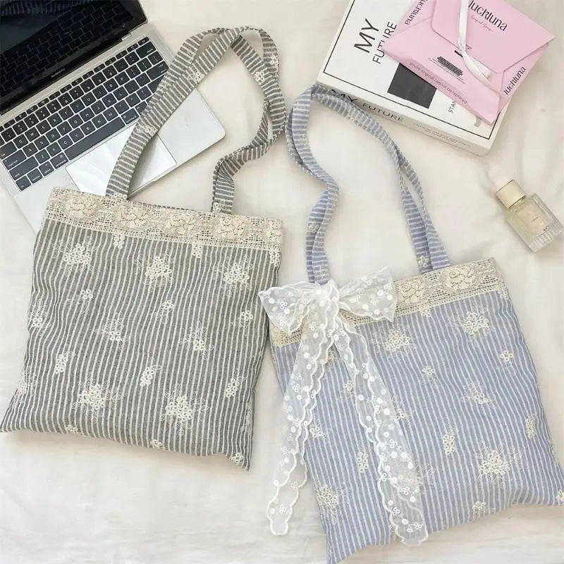 Lace Trim Polyester Tote Shoulder Bag | Foldable Travel Handbag