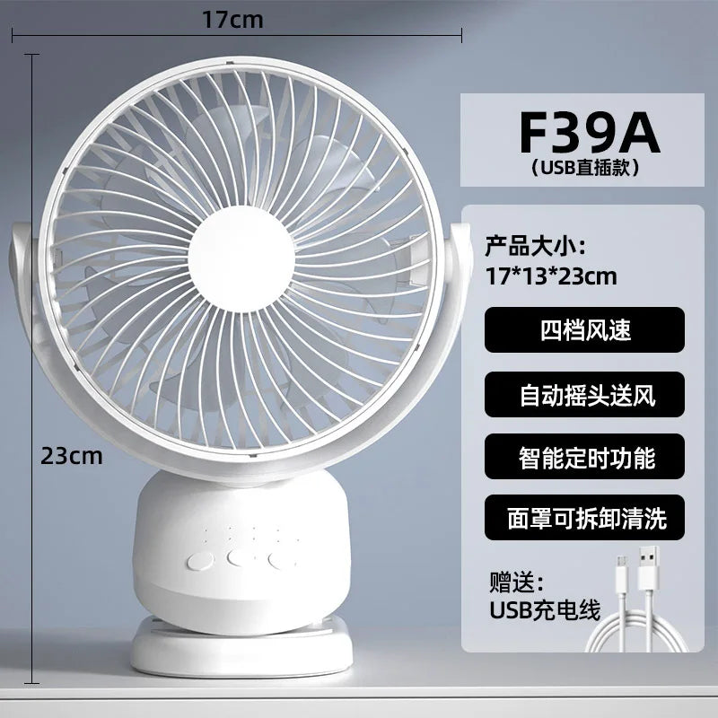 URGGU Mini Clip Fan – 4-Speed Quiet Oscillating USB Fan