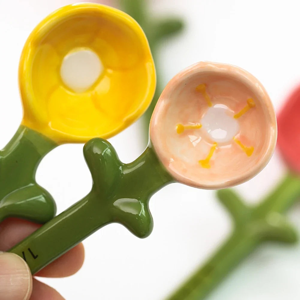 Ceramic Flower Measuring Spoons Set with Holder | Kitchen Decor