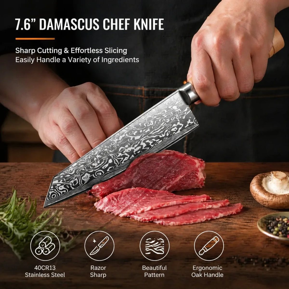 COOKCRAZE Japanese Chef's Knife – Damascus Steel & Oak Handle