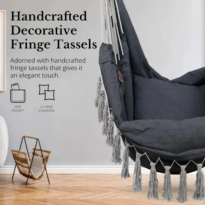 Macrame Hanging Chair with 2 Pillows | 500lb Cotton Rope Swing