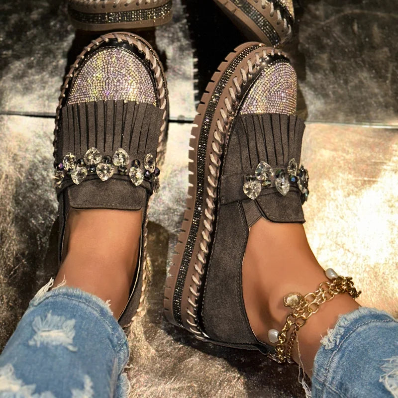 Women's Rhinestone Cow Suede Loafers – Flat Slip-On Shoes