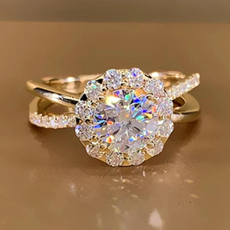 Huitan Gold CZ Wedding Ring for Women – Pavé Crystal Band