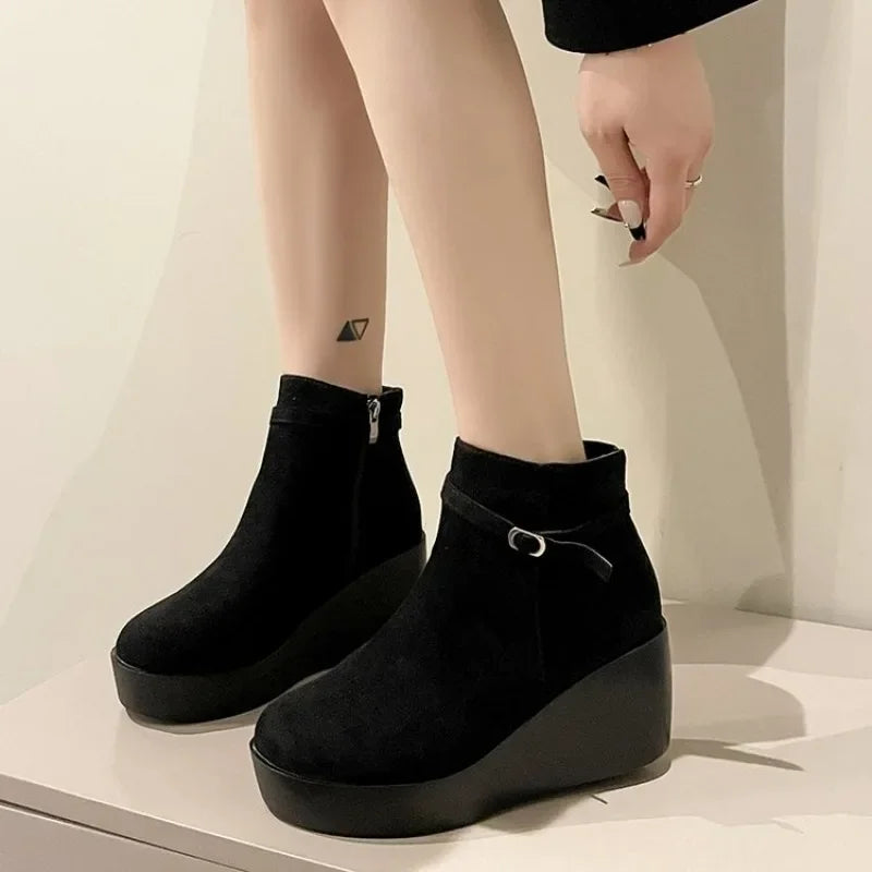 Women's Faux Suede Wedge Platform Ankle Boots Hidden Heel
