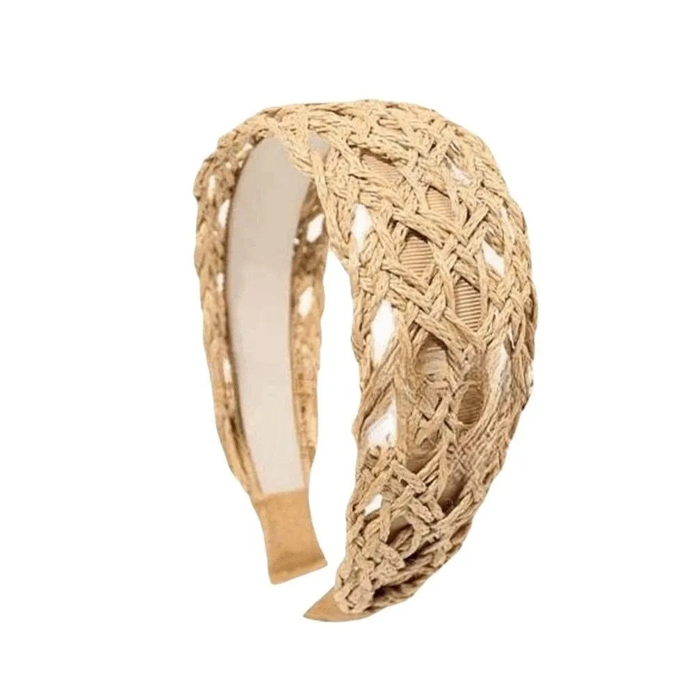 Hollow-Out Woven Straw Headband – Wide Hair Hoop for Women