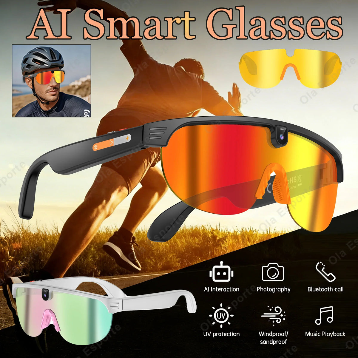 AI Smart Cycling Glasses Men 800W Camera Video Translation Sunglasses