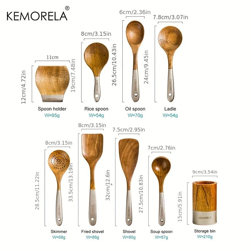 KEMORELA 9-Piece Acacia Wood Cooking Utensils Set with Holder