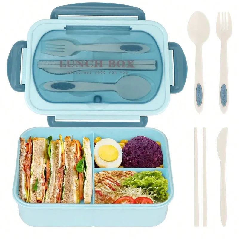 3-Compartment Bento Lunch Box with Built-In Utensils