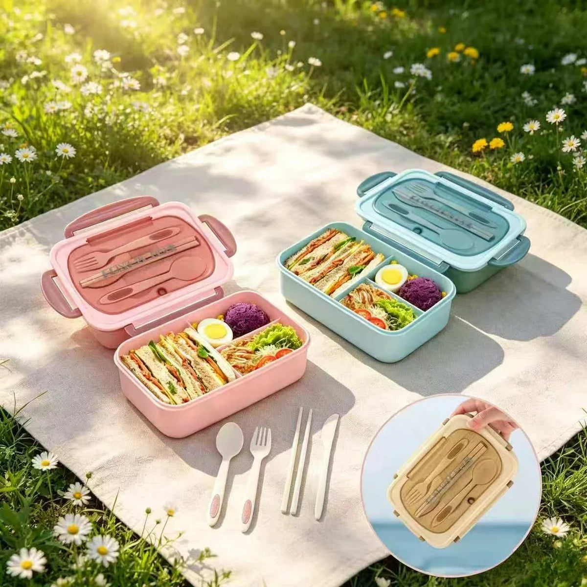 3-Compartment Bento Lunch Box with Built-In Utensils
