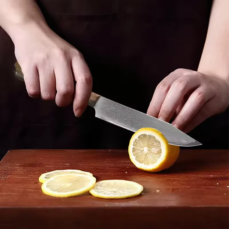 Forged Damascus Chef Knife – Wood Handle & Sleeve | 12cm Blade