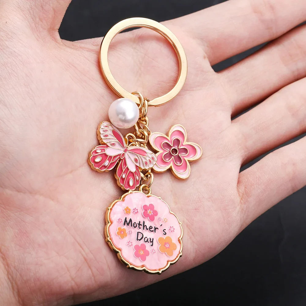 Drop Oil Pink Butterfly Flowers Pearl MOTHER'S DAY Keychain Accessory