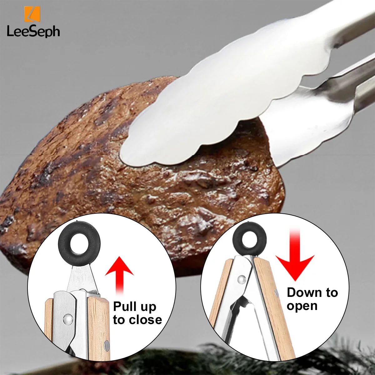 Stainless Steel Cooking Tong Oak Handle Barbecue Salad Locking Ring