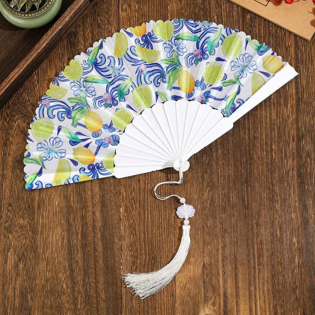 Portable Fruit Pattern Folding Hand Fan Plastic Frame Fabric Tassel