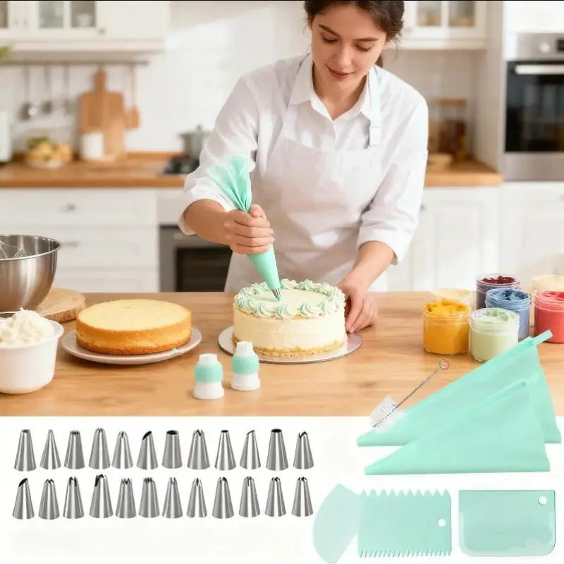 34-Piece Stainless Steel Piping Nozzle Set & Reusable Pastry Bag