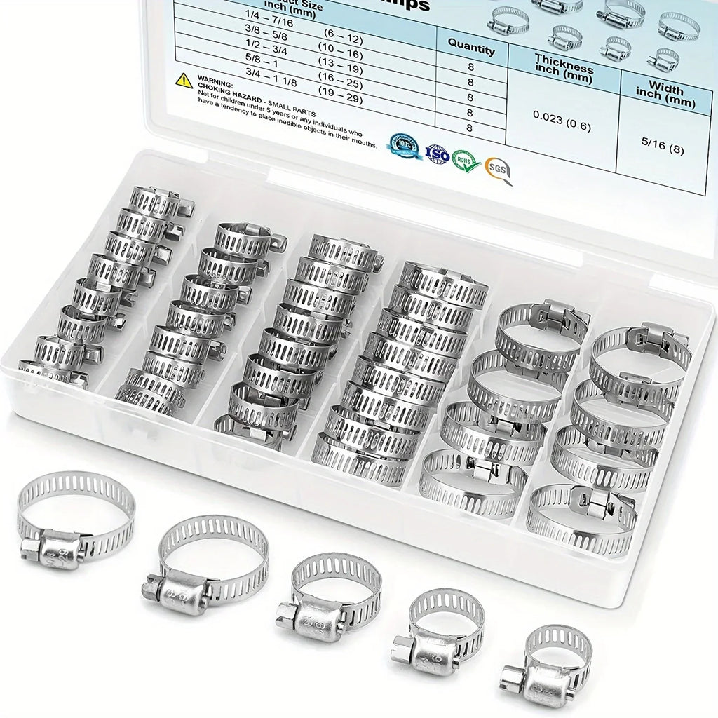 40-Pc Stainless Steel Worm Gear Hose Clamp Set 1/4"–1-1/8"