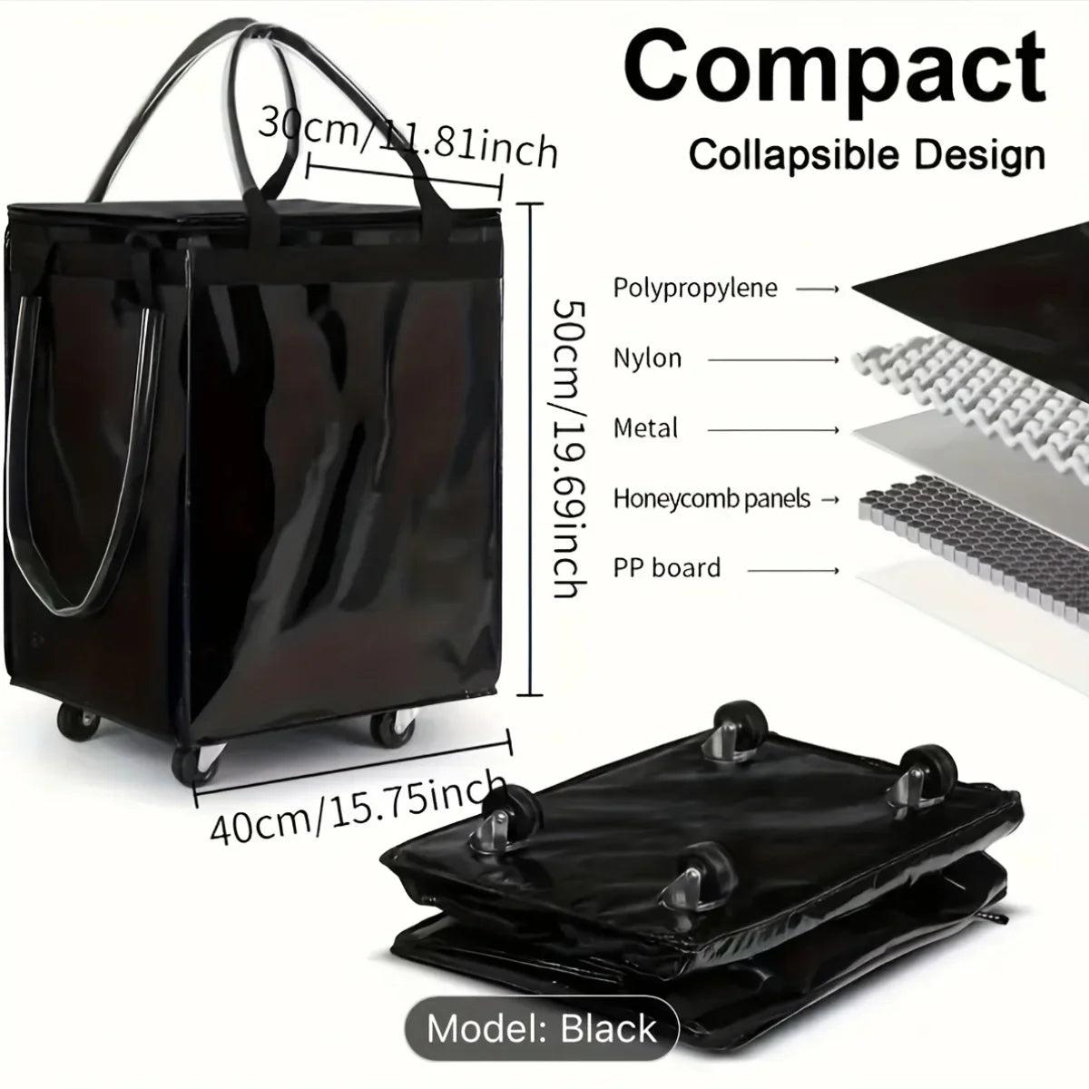 Folding Shopping Cart Bag with Wheels – Large 40x30x50cm