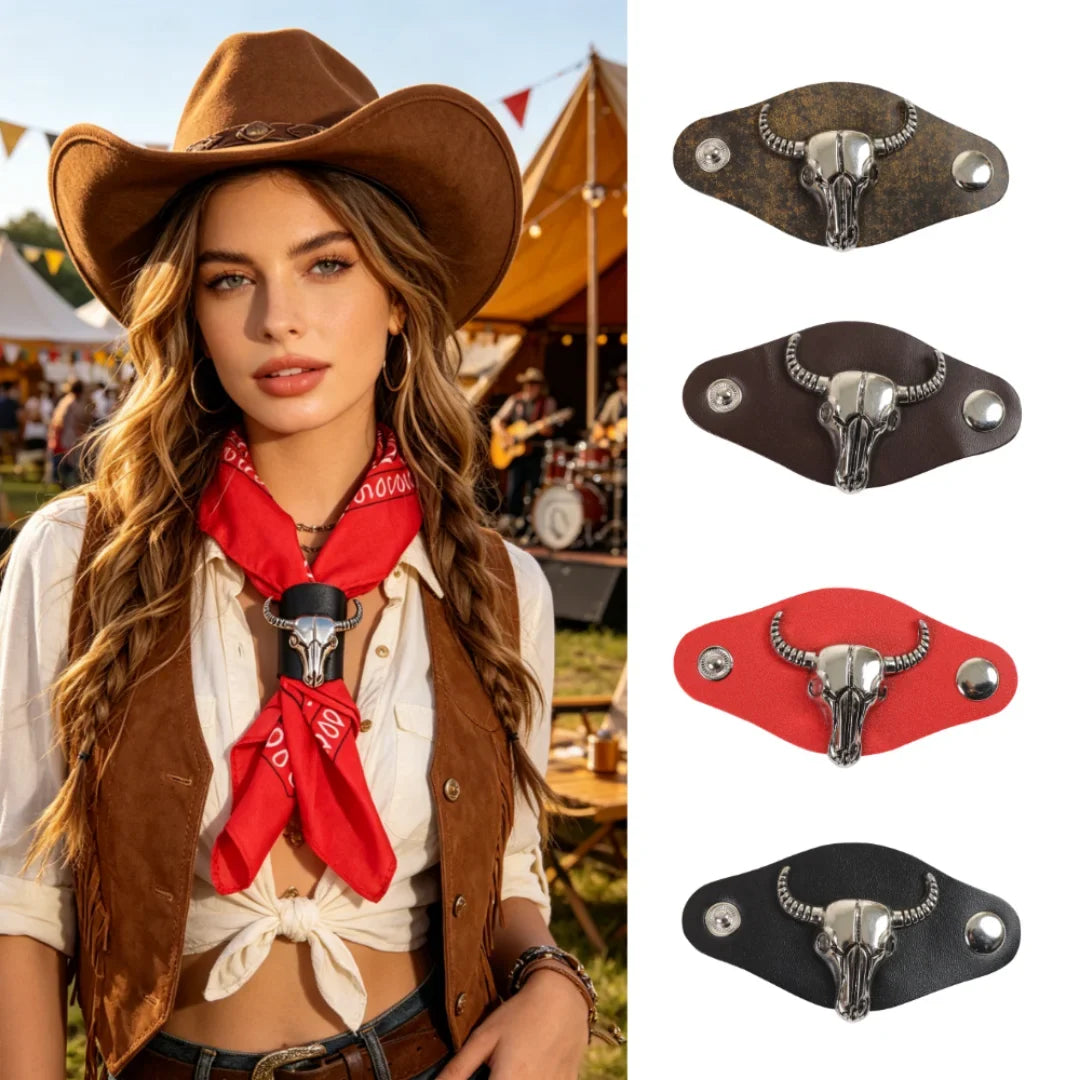 Western Cow Head Square Scarf Buckle Retro Metal Denim Clip Unisex PU
