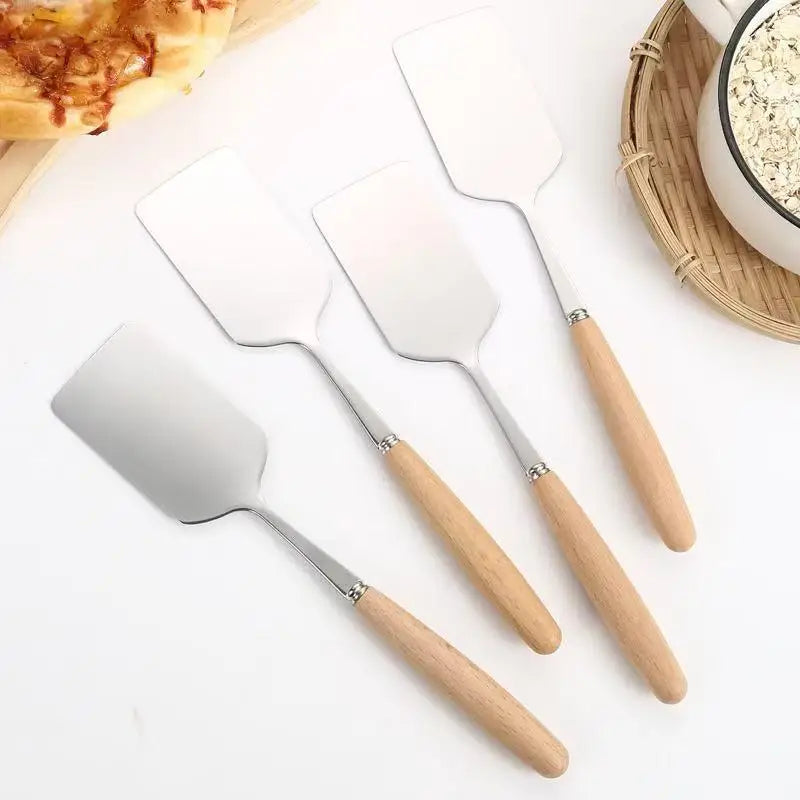 Stainless Steel Square Head Steak Cooking Spatula Wood Handle Pizza