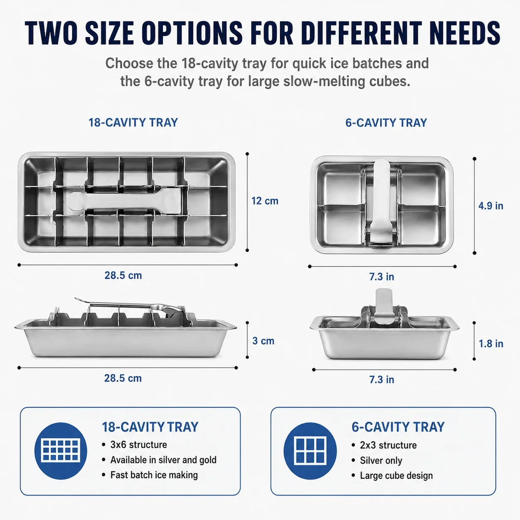 Stainless Steel Ice Cube Tray with Lever Release – 6 & 18 Cavity